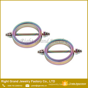 Surgical Steel Rainbow Titanium Plated Circle Shape Nipple Rings Body Jewelry